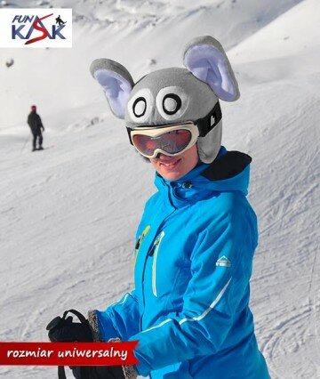 nakładka na kask, narciarski, polarowa, Funkask, mamidadi, słoń, myszka, fajna zabawa, na nartach, na snowboard, widoczne dziecko na stoku, na łyżwy, słoniątko, mysz, szara, na nartach